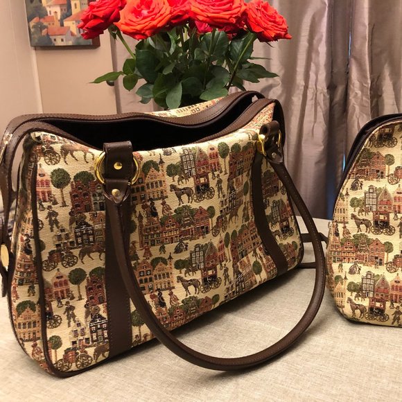 AUTHENTIC &HANDMADE TAPESTRY EMBOSSED BRAIDED LEATHER BAG AND BACKPACK SET. - Picture 6 of 9